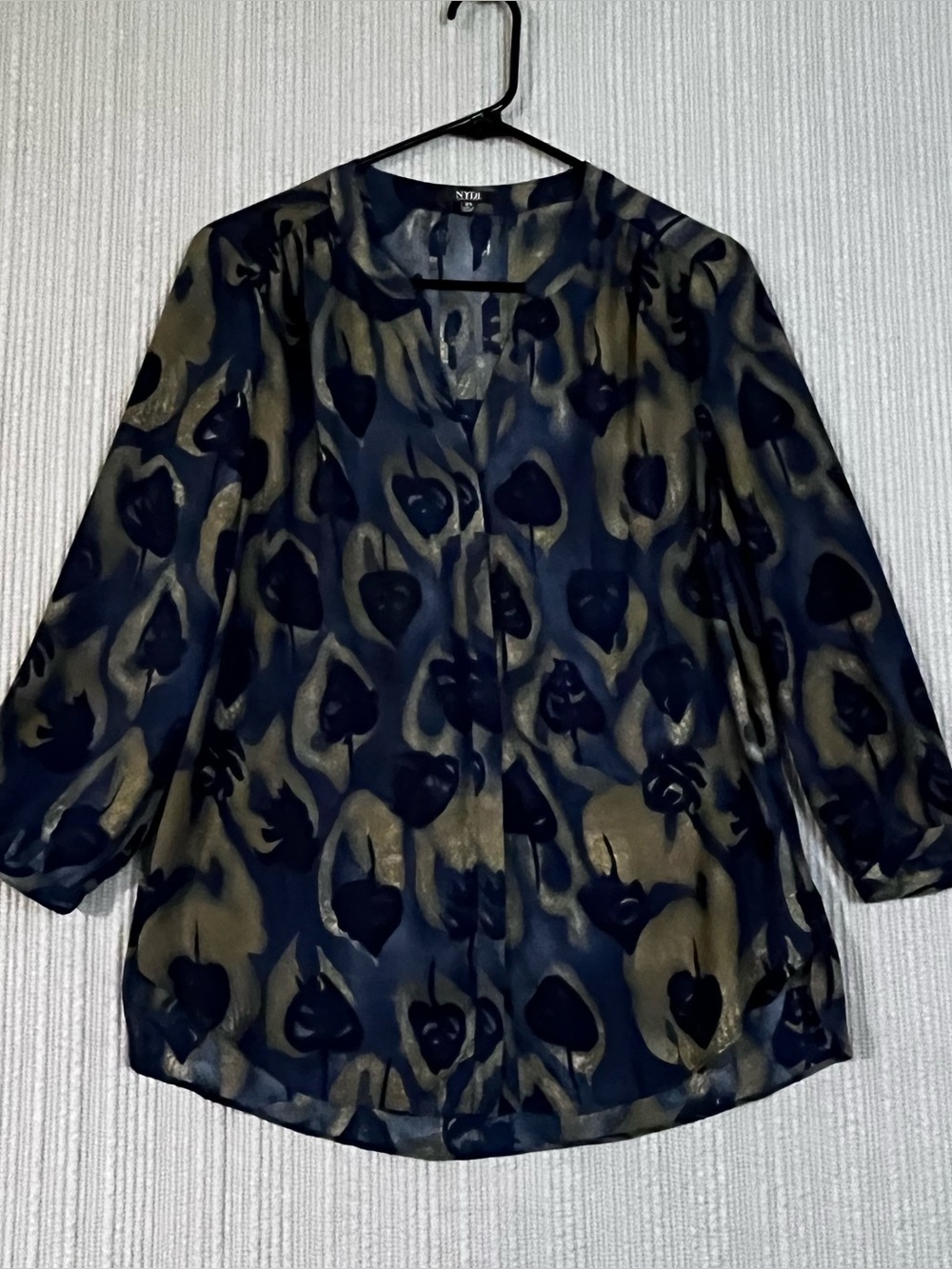 NYDJ Moody Dark Floral Button Front Blouse Navy Tan Semi-sheer Chiffon Womes XS